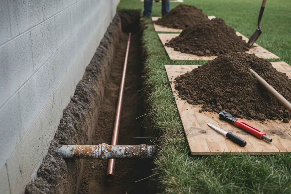 Excavated water line trench during Sewer Line Repair in West Lafayette